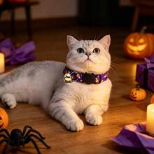 1pc Halloween Candy Corn Print Cat Safety Buckle Collar With Bell Small Pet Decorative Neckband - Purple - View 6