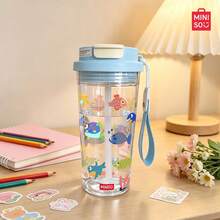 MINISO Gelas Air Transparan, Gelas Kopi Motif Ikan Mas Kecil yang Lucu, Bersih dan Menyegarkan, Gelas Air Transparan 550ML, Sedotan, Praktis untuk Perjalanan, Mudah Dibawa; Hadiah Hari Valentine. - Baby Blue - View 3
