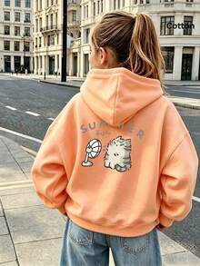 Autumn Loose-Fit Melon Orange Hooded Sweatshirt For Girls, Cute Cartoon Style, Fan And Cat Pattern, Letter Print - Hami Melon Orange - View 11