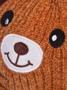 1pc Baby Ear Flap Buckle Design, Cartoon Bear Pom-Pom, Warm And Stylish Ribbed Winter Knitted Hat For Infants. - Multicolor - View 4