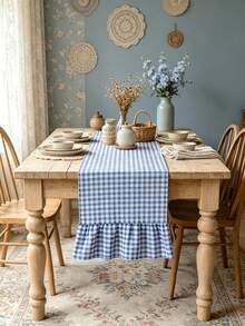 1/20pcs Blue & White Checkered Ruffle Edge Table Runner, Fresh Pastoral Vintage Style Lightweight Long Tablecloth, Suitable For Dining Table, Entryway Console, Vanity, Sideboard, Coffee Table, Banquet Table - Blue and White - View 3