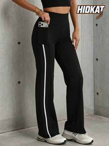 Hidkat Women's Fashion Solid Color High Waist Slim Fit Yoga Sports Knit Flare Pants - Black and White - View 1
