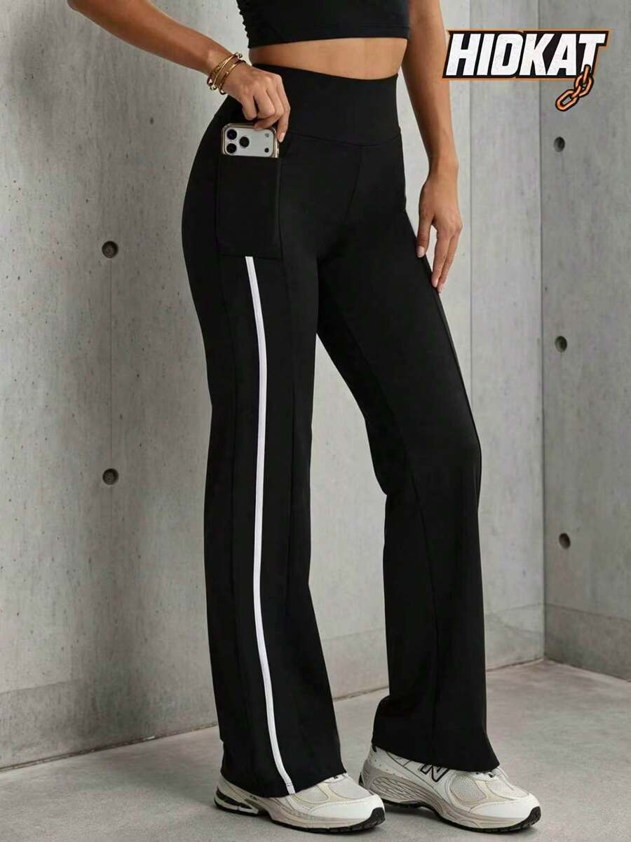 Hidkat Women's Fashion Solid Color High Waist Slim Fit Yoga Sports Knit Flare Pants - Black and White - View 1