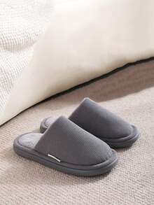 Men's Closed Toe Slippers For Autumn/Winter, Thick Lining For Warmth And Heat Retention, Simple Striped Fabric Soft And Skin-Friendly, Flat Closed-Toe Design To Protect Toes, Lightweight For Home And Bedroom Use, Minimalist Solid Color, Comfortable Warm Slippers For Home And Guests - Grey - View 4
