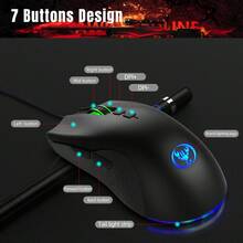 HXSJ Mouse Optik Berkabel Baru, USB Plug and Play, Kabel Jalinan, 7 Tombol, 6400 Lampu Warna-warni yang Dapat Diatur, Untuk Penggunaan di Rumah, Bermain Game, dan Kantor, Model A883 - View 6