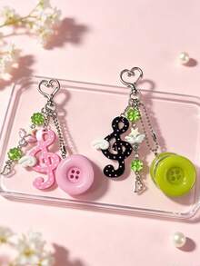 Cute Music Note Keychain, Y2K Button Bag Charm With Clover Star Wing Pendant, Aesthetic Handmade Key Ring For Backpack Purse Decor - Multicolor - View 2