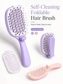 1pc Unisex Self-Cleaning Foldable Hair Brush With Cover, Portable Tangle-Free Comb Suitable For Wet & Dry Hair, Easy To Clean Travel Hair Styling Brush For Straight, Curly, Thick & Thin Hair - Multicolor - View 13