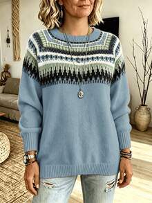 Women's Long Sleeve Geometric Pattern Crew Neck Sweater, Autumn/Winter - Dusty Blue - View 2