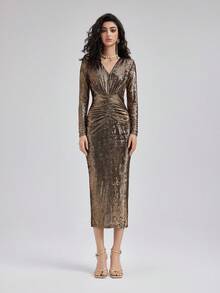 Rich Radi Q's Fashion Women's Woven Long Sleeve V-Neck Bodycon Dress, Gold Appearance Pleated Midi Length, Suitable For Formal Occasions - Gold - View 2