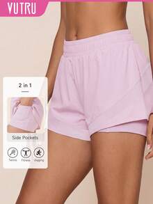 VUTRU 1pc High Waist 2in1 Sports Shorts With Built-In Pockets Mesh Patchwork For Running And Fitness - Baby Pink - View 1