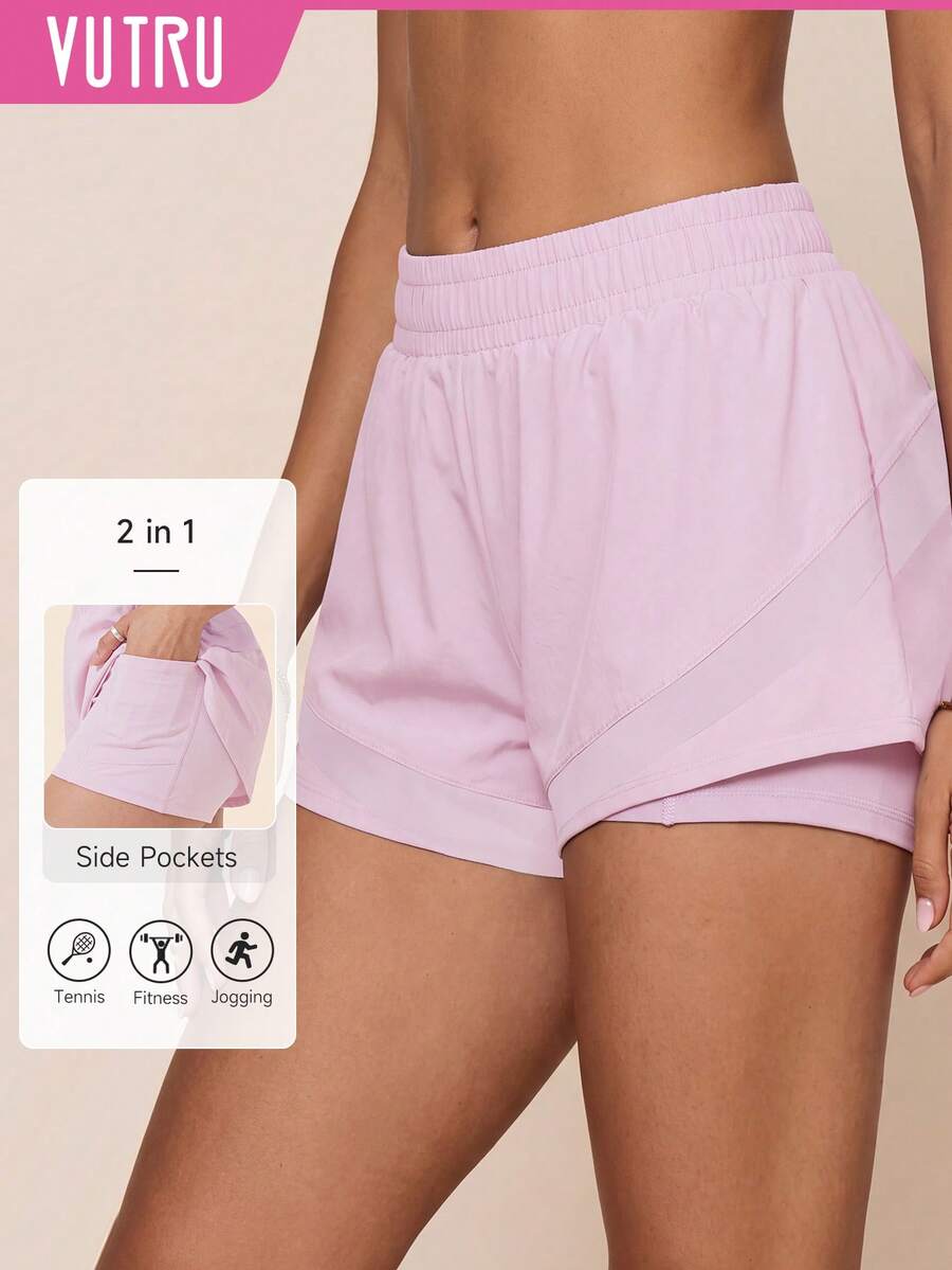 VUTRU 1pc High Waist 2in1 Sports Shorts With Built-In Pockets Mesh Patchwork For Running And Fitness - Baby Pink - View 1