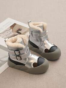 Girls' Double Hook-And-Loop Cold-Proof Ankle Boots, Fleece Lining, Anti-Collision Toe Protection, Thick Sole, Anti-Slip, Toddler Autumn/Winter Snow Boots - Silver - View 1