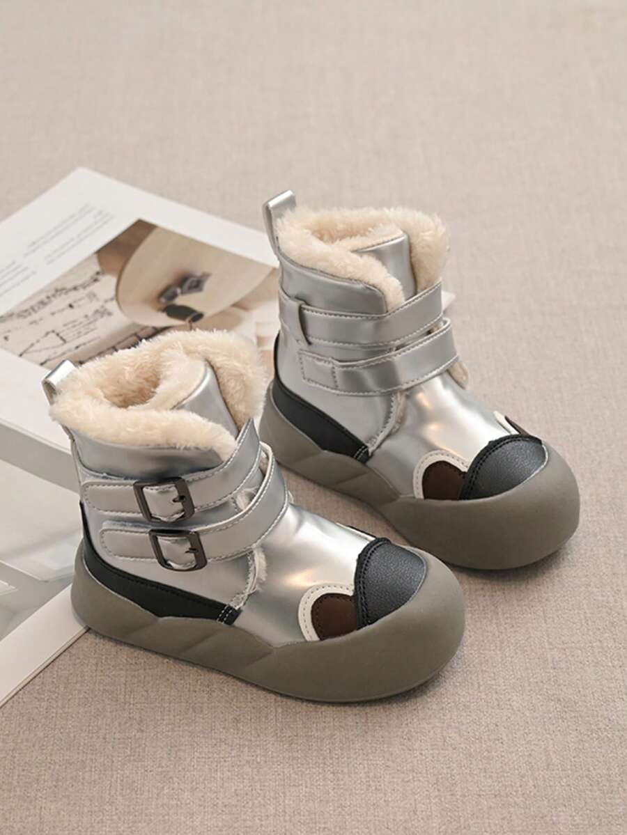 Girls' Double Hook-And-Loop Cold-Proof Ankle Boots, Fleece Lining, Anti-Collision Toe Protection, Thick Sole, Anti-Slip, Toddler Autumn/Winter Snow Boots - Silver - View 1