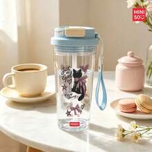 MINISO Transparent Water Cup, Cute Little Black Cat Pattern Coffee Cup, Clean And Refreshing, 550ML Transparent Water Cup, With Straw, Cup, Easy To Carry; Valentine's Day Gift. - Baby Blue - View 2