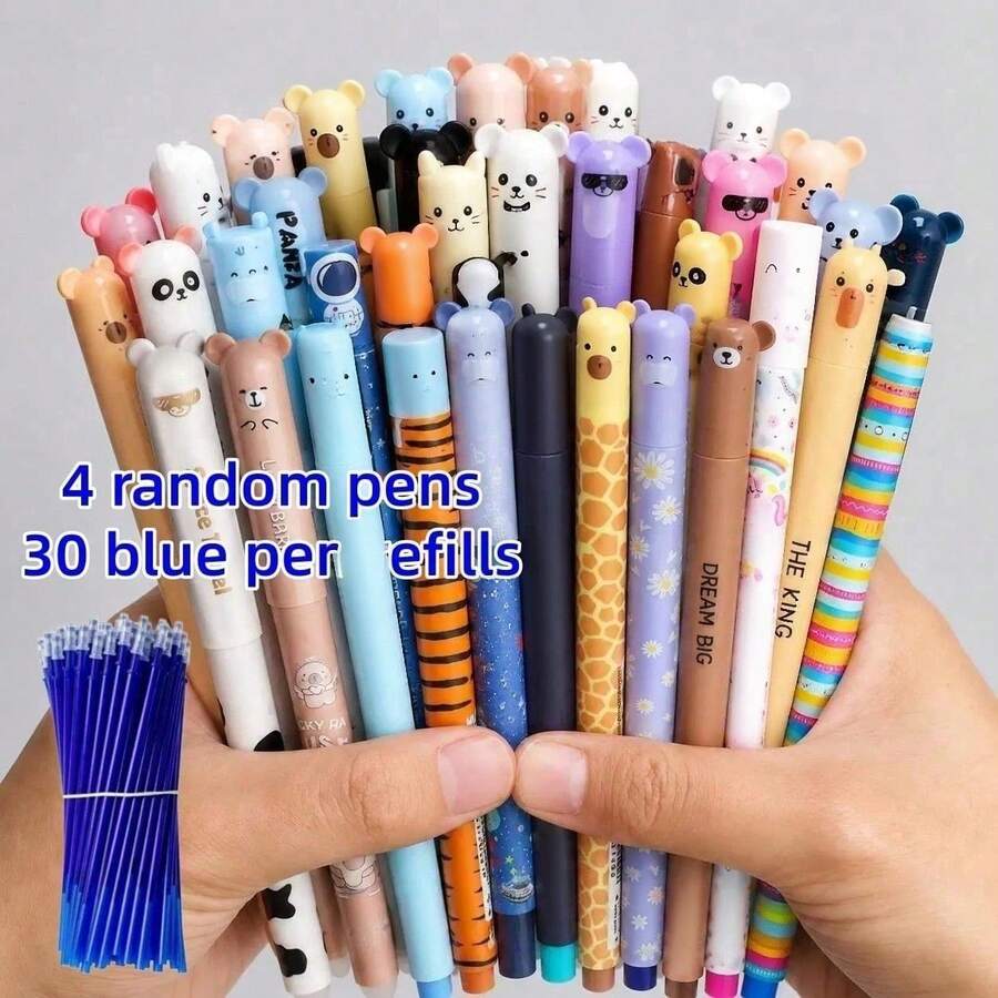34pcs Set Including 4 Random Pens + 30 Refills (Blue/Black), Erasable Neutral Pen Set With Built-In Eraser, Suitable For Note-Taking, Daily Writing, High-Quality Office And Student Stationery, Perfect Birthday Gift - Multicolor - View 1
