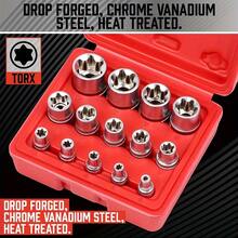Bộ 14 đầu khẩu E-Torx, đầu khẩu sao Torx ngoài E4-E24 với đầu 1/4" 3/8" 1/2", thép Cr-V mạ chrome, bộ đầu khẩu Torx kèm hộp đựng cho sửa chữa ô tô, bảo dưỡng động cơ, máy móc và dự án DIY - Bộ đầu khẩu 14 món - Xem 1