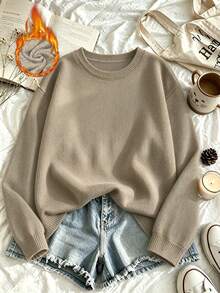 Plus-Size Women's Casual Everyday Versatile Camel-Colored Round Neck Faux Knit Sweater Fall - Camel - View 10