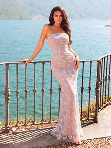 Elegant Mermaid Strapless Evening Gown - Exquisite Embroidered Sequin Formal Dress Fall Wedding Party - Dusty Pink - View 4