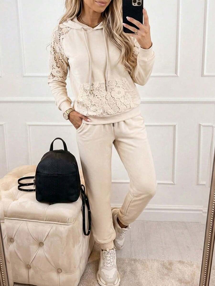 ChicMe 女款 2 件套蕾絲拼接袋鼠口袋抽繩連帽衛衣 + 鬆緊腰慢跑褲休閒時尚日常穿著 - 米色 - 查看 1