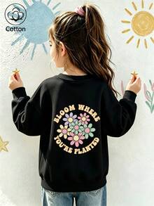 Girls' Cute Printed Drop-Shoulder Round-Neck Long-Sleeve Casual Sports Sweatshirt - Black - View 9