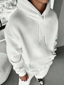 Men's Casual Fashionable Versatile Limitless Slogan Print Kangaroo Pocket Drawstring Hoodie, Autumn/Winter - White - View 2