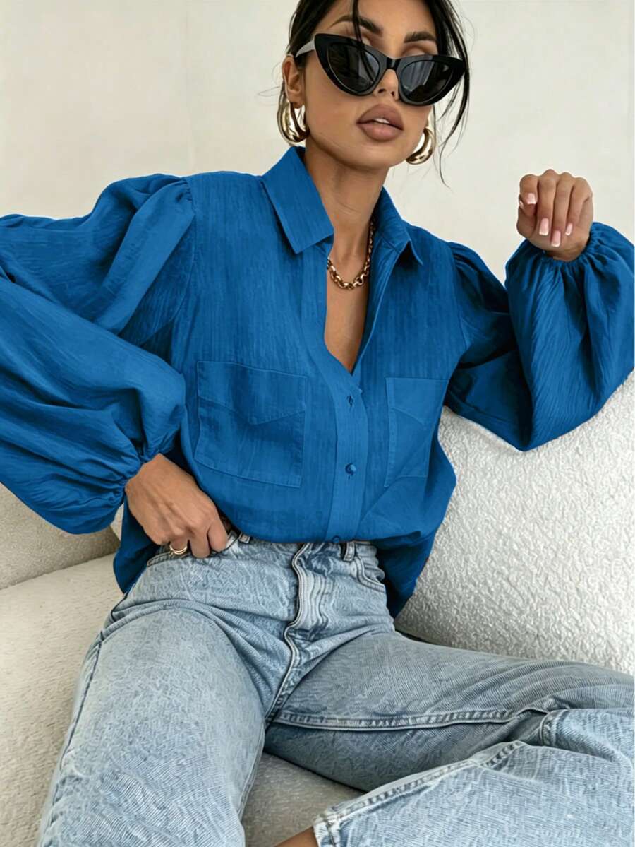 Women's Fashion Blue Oversized Bishop Sleeve Shirt, Button Front Design, With Pockets, Autumn Casual Wear Choice - Navy Blue - View 1