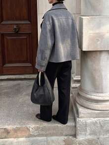 Women's Fashion Gray Short Coat, Lapel Design, Long Raglan Sleeves, Regular Fit, Winter Fashion Outerwear - Grey - View 2