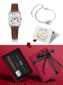 Jam Tangan Wanita LUCKYFOX Vintage Square Kulit PU Quartz, Gaya Minimalis dan Elegan dengan Gelang dan Kotak Hadiah yang Serasi, Jam Tangan Hadiah untuk Pemakaian Sehari-hari - Coklat - View 2
