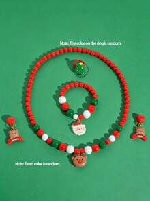 5pcs/Set Cute Santa Claus Reindeer Christmas Tree Hanging Decor Charm Beaded Necklace Bracelet Ring Ear Clips Children Jewelry Set Christmas Party Gift - Multicolor - View 5