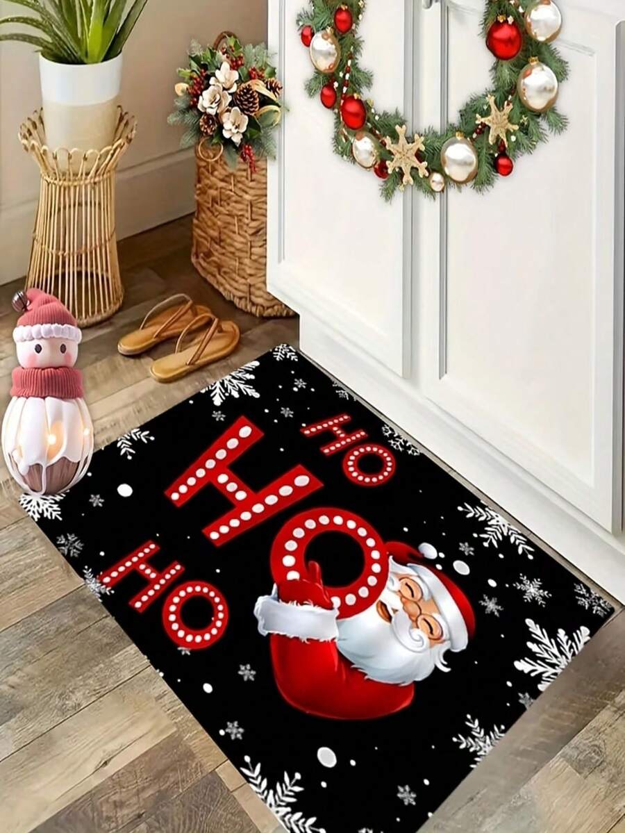 1 buah Keset Pintu Motif Santa Claus 2D Berwarna Cerah - Beludru, Cocok untuk Pintu Masuk Dalam/Luar Ruangan, Lorong, Ruang Tamu, Dapur, Balkon, Ruang Cuci, Dekorasi Rumah Natal yang Penting - A - View 1