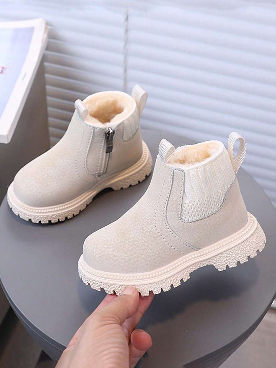 1 Pair Kids' Popular Snow Boots, Boys & Girls Fashion Versatile Soft Sole Non-Slip Wear-Resistant Solid Color Thermal Lined Warm Boots - Beige - View 1