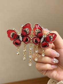 1pc Heavy-Duty Hollow Metal Double Butterfly Hair Clip, Glossy Oil-Drip Rhinestone Tassel Large Spring Clip, Banquet Wedding Women's Gift - Multicolor - View 4