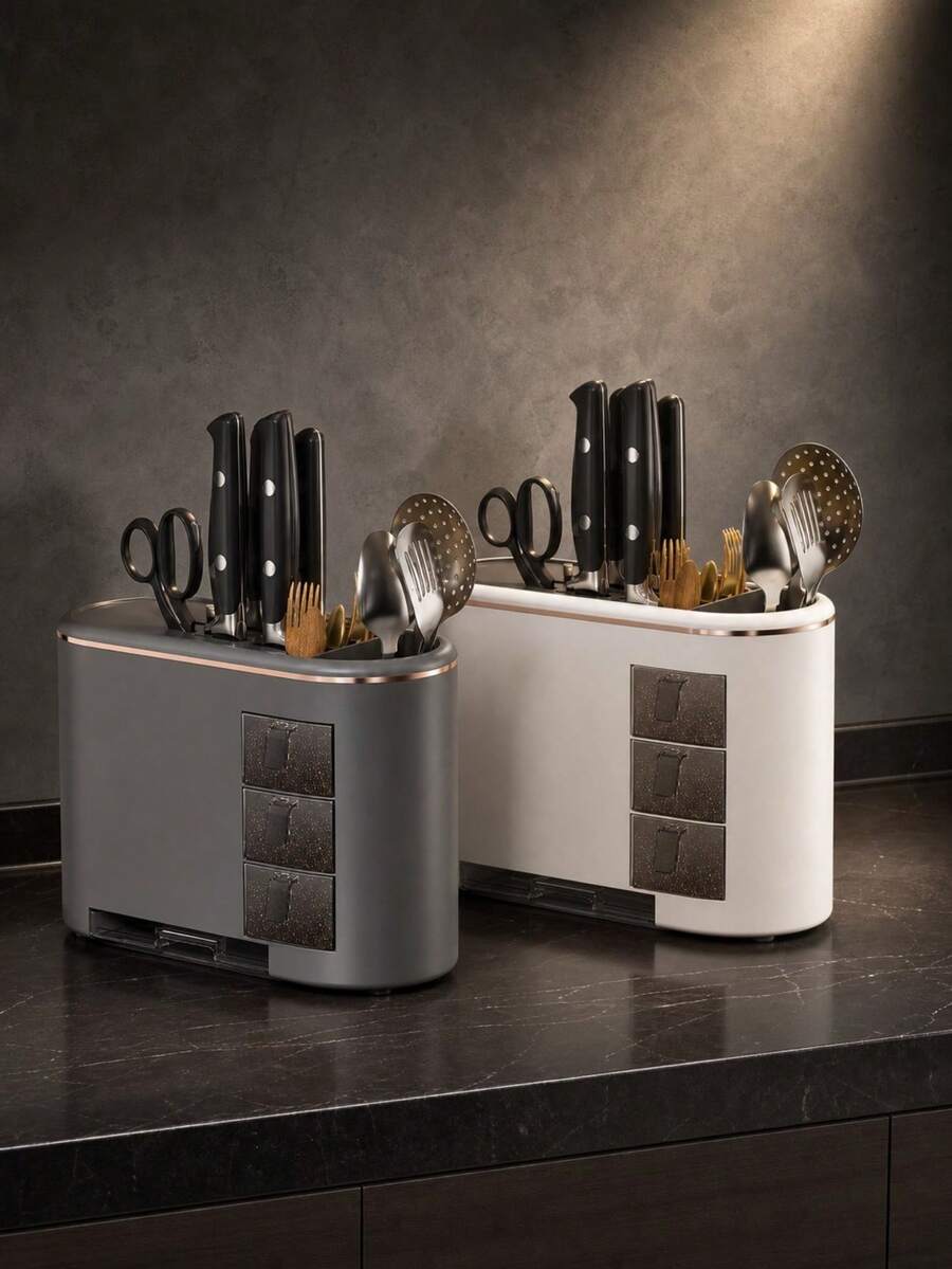 2 Pcs Multifunctional Kitchen Knife Holder, With Seasoning Box And Removable Drain Tray, Ventilated Back Design For Quick Drying,Chopsticks, Spoons And Scissors, Black,Grey And White - White - View 1