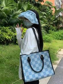 黃色帆布托特包，小眾大容量通勤單肩包，極簡購物包，女性百搭托特包 - 藍色 - 查看 2
