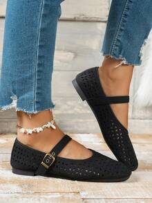 1 Pair Solid Color Bohemian Hollow Out Women's Flat Shoes For Outdoor All Seasons - Black - View 3
