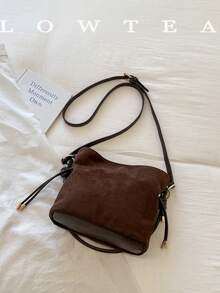 low tea 1pc Small Bucket Suede Crossbody Bag With Adjustable Strap, Suitable For Commuting, Shopping, Etc. (With Pendant) - Coffee - View 5