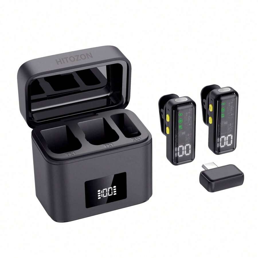 HITOZON 專業無線領夾式麥克風,即插即用,30小時續航充電盒,智能降噪,兼容 與 Android,適用影片錄製、Vlog、直播 - 黑色 - 查看 1