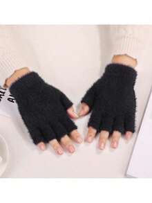 1 Pair Women's Fingerless Knitted Plush Gloves, Suitable For Winter Travel Warmth, 5 Colors Available - Black - View 6
