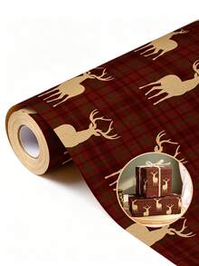 5m Christmas Vintage Red Plaid Reindeer Wrapping Paper Roll, Holiday Gift Box Wrapping Paper, Kraft Texture Plaid Reindeer Pattern Gift Wrapping Material, Christmas Party Handmade Decoration Large Roll Wrapping Paper, Party Table Decoration Handmade DIY Gift Wrapping Large Roll Wrapping Paper - Multicolor - View 1