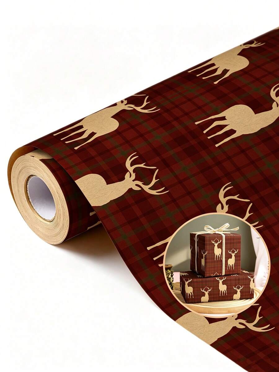 5m Christmas Vintage Red Plaid Reindeer Wrapping Paper Roll, Holiday Gift Box Wrapping Paper, Kraft Texture Plaid Reindeer Pattern Gift Wrapping Material, Christmas Party Handmade Decoration Large Roll Wrapping Paper, Party Table Decoration Handmade DIY Gift Wrapping Large Roll Wrapping Paper - Multicolor - View 1