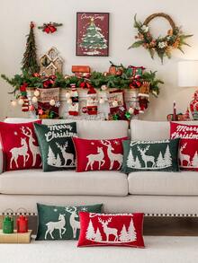 1pc 3D Embroidered Velvet Deer & Tree Pillow Case, Without Pillow Insert, Christmas Theme, All Season Decorative Cushion Cover, Suitable For Living Room, Bedroom, Machine Washable - Red Cloth Reindeer - View 3
