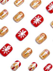 24pcs Short European-Style Square Fake Nails, Christmas Snowflakes, Gingerbread Men, Candy House Stripes. Full Coverage, Removable Nail Set, Suitable For Parties, Dances, And Everyday Wear. - Multicolor - View 3