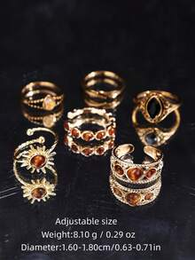 6pcs Vintage Unique High-End Luxury Elegant Creative Design Sun Amber Ring Set, Women's Daily Wear Wedding Holiday Party Gift Jewelry - Multicolor - View 6