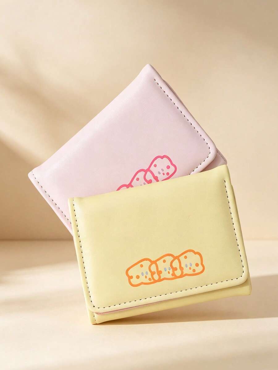 1pc Fresh Sweet Cartoon Print Tri-Fold Short Wallet, Multiple Colors Available PU Leather Mini Wallet, Multiple Card Slots For Cards, Bills And Coins, Daily, School Portable Card Holder - Multicolor - View 1