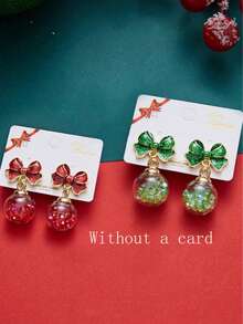 2 buah Anting-anting Bola Kristal Pita Merah & Hijau Kreatif untuk Wanita, Hadiah Sempurna - Bola Kristal Busur - View 6