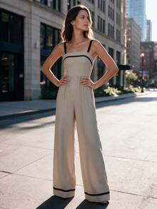 Women Spaghetti Strap Jumpsuit Contrast Trim Straight Leg Romper Casual Outfits For Fall Winter Daily Commuting Going Out Dating - Khaki - View 9