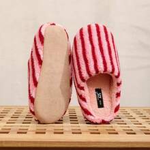 1 Pair Striped Color Block Fashion Elegant Women's Slippers, Lightweight Quiet Plush Warm Indoor Slippers For Autumn/Winter - Red - View 6