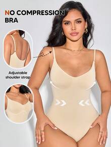 Women's Minimalist Solid Color Tummy Control Waist Shaping Bodysuit, Suitable For Layering And Innerwear - Apricot - View 3