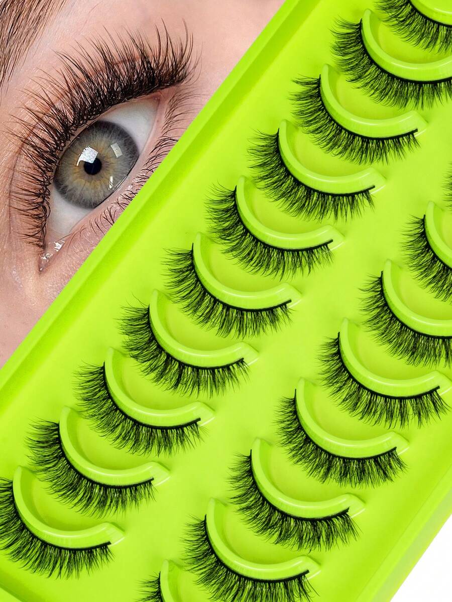 10 Pairs Natural Style False Eyelashes, Transparent Single Strand Lightweight Lashes, Ultra-Fine Synthetic Fiber Material, Soft And Lightweight Without Burden, Essential For Daily Natural And Light Makeup - Green - View 1