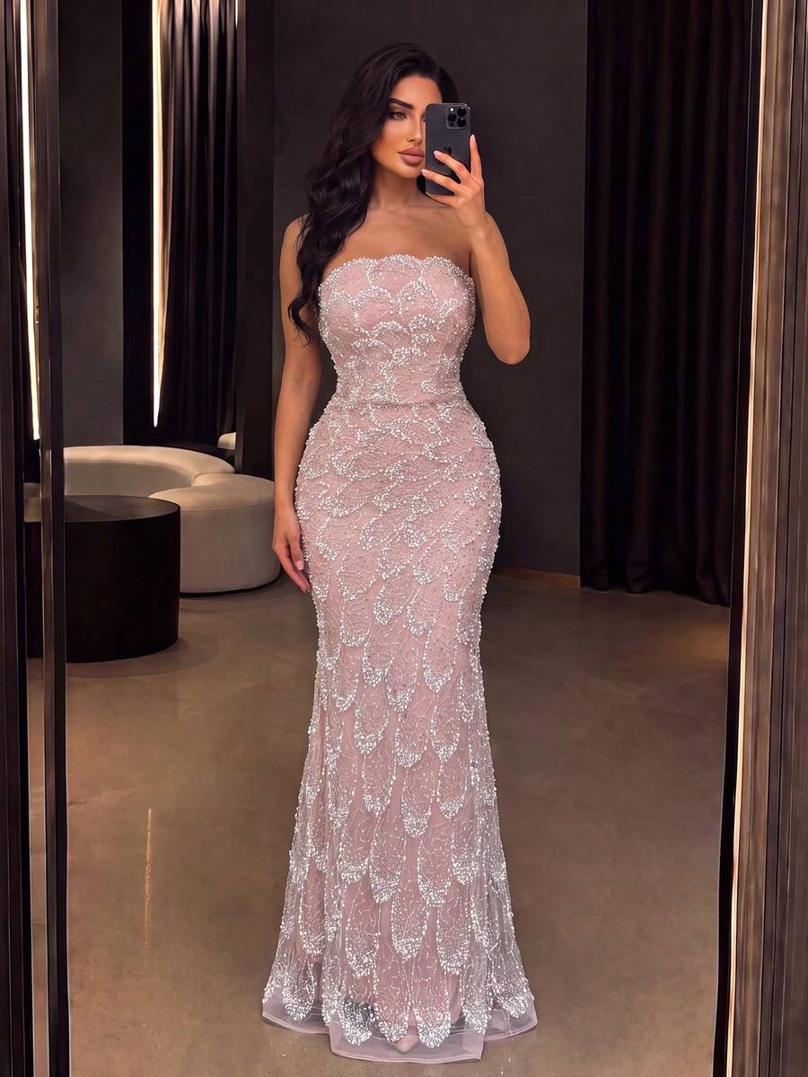 Elegant Mermaid Strapless Evening Gown - Exquisite Embroidered Sequin Formal Dress Fall Wedding Party